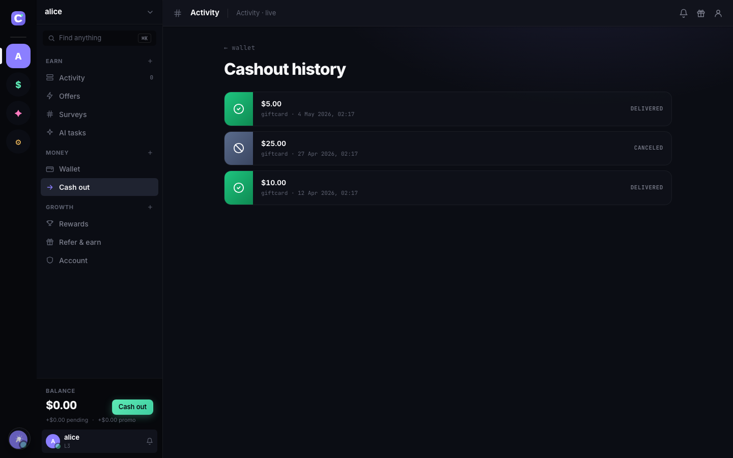 The credgle cashout history — every payout tracked with status gradient and timestamp